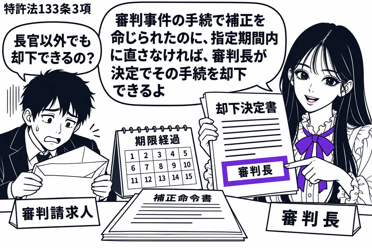 先生が審判の指揮役(札「審判長」)で右側。左に空の書類袋を抱えた男性(札「審判請求人」)。中央の机に「補正命令書」と期限を過ぎたカレンダーを置く。先生が示す「却下決定書」の「審判長」欄をヴァイオレットの枠で囲み、男性は肩を落とす。先生の吹き