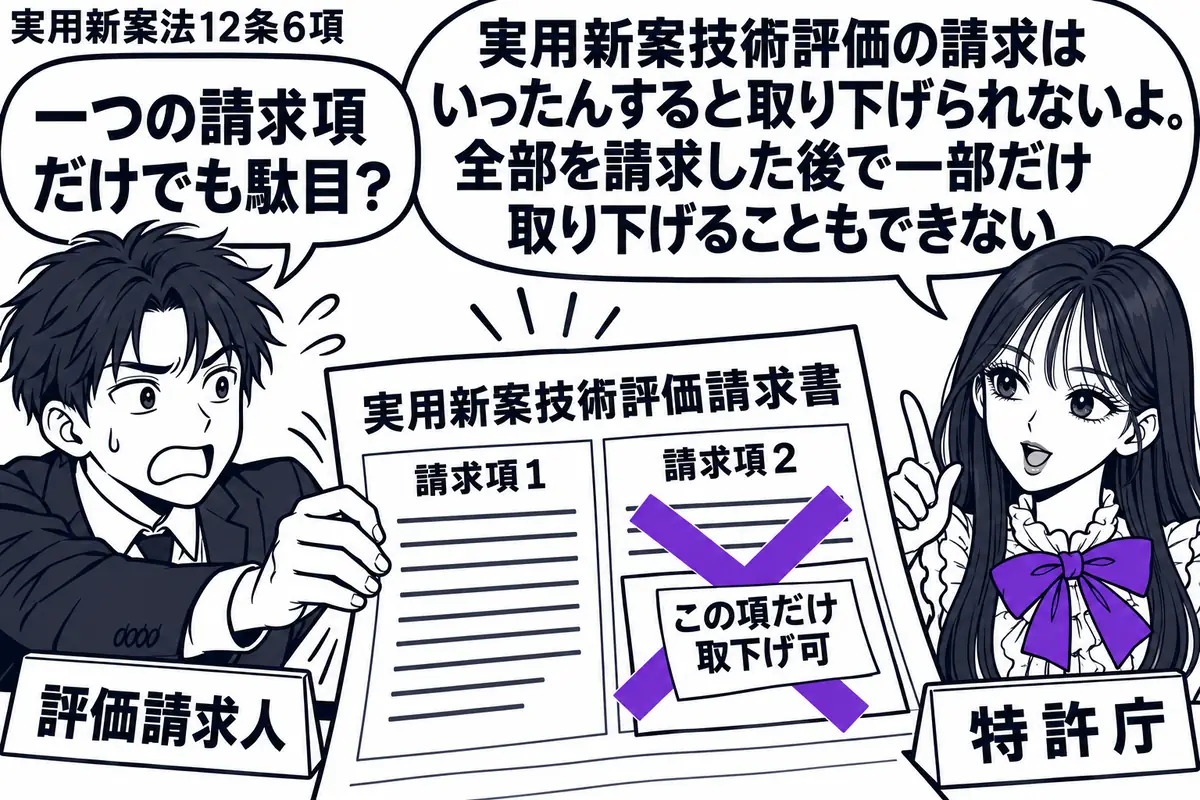 先生が技術評価の受付役(札「特許庁」)で右側。左に書類を引き戻そうとする男性(札「評価請求人」)。中央の「実用新案技術評価請求書」には請求項1と2が並ぶ。男性が請求項2に貼った「この項だけ取下げ可」の付箋にヴァイオレットの×印。先生の吹き出