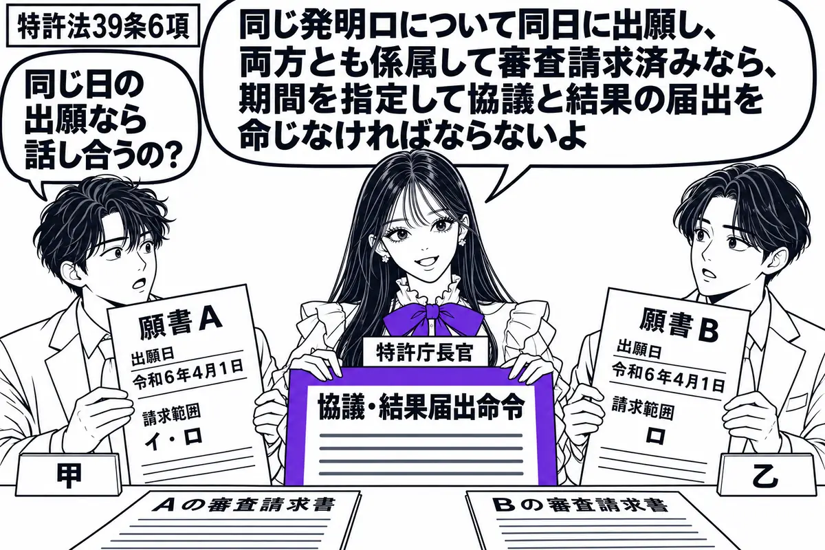 先生が特許庁長官役(札「特許庁長官」)で中央。左右の甲と乙(札「甲」「乙」)が同じ日付の願書を持ち、Aの請求範囲には「イ・ロ」、Bには「ロ」。机には両出願の審査請求書を置き、先生の持つ「協議・結果届出命令」をヴァイオレットの枠で囲む。先生の