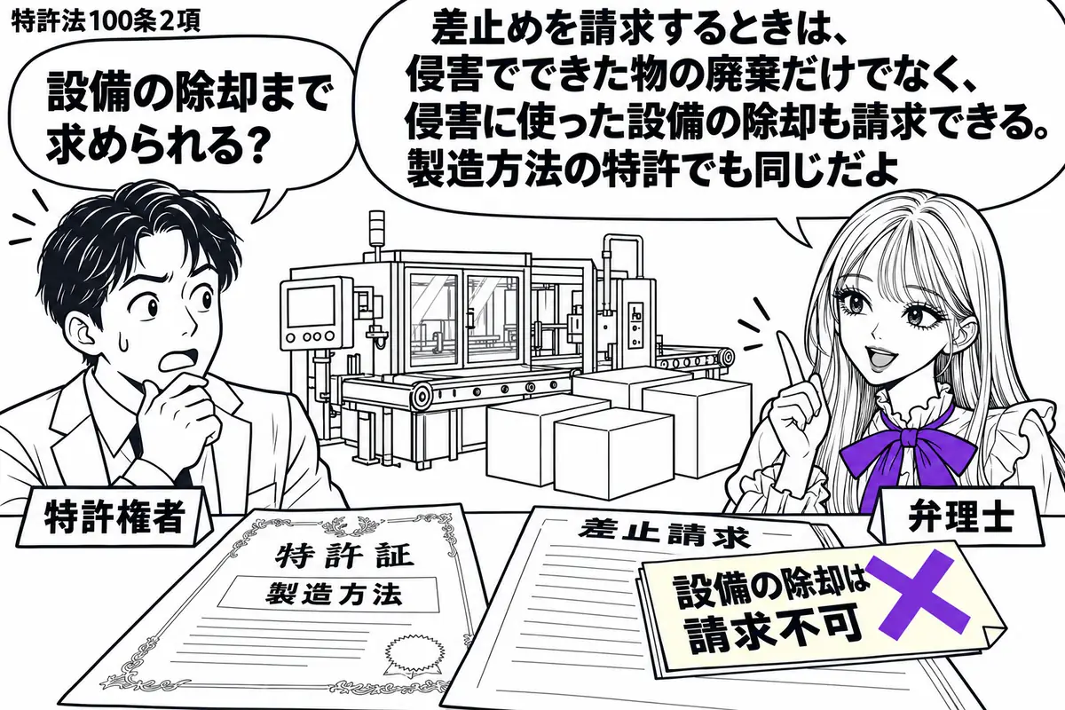 先生が弁理士役(札「弁理士」)で机の右。左の権利者(札「特許権者」)が製造方法の特許証と差止請求の書類を広げる。奥に侵害に使った製造設備とそこで作った製品の箱。書類の「設備の除却は請求不可」という付箋にヴァイオレットの×印。先生の吹き出し「