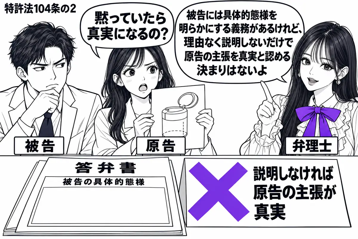 先生が侵害訴訟を説明する役(札「弁理士」)で右側。左に口を閉ざす男性(札「被告」)、中央に製品図を持つ女性(札「原告」)。机に被告の具体的態様が空欄の答弁書を置く。「説明しなければ原告の主張が真実」の付箋にヴァイオレットの×印。先生の吹き出