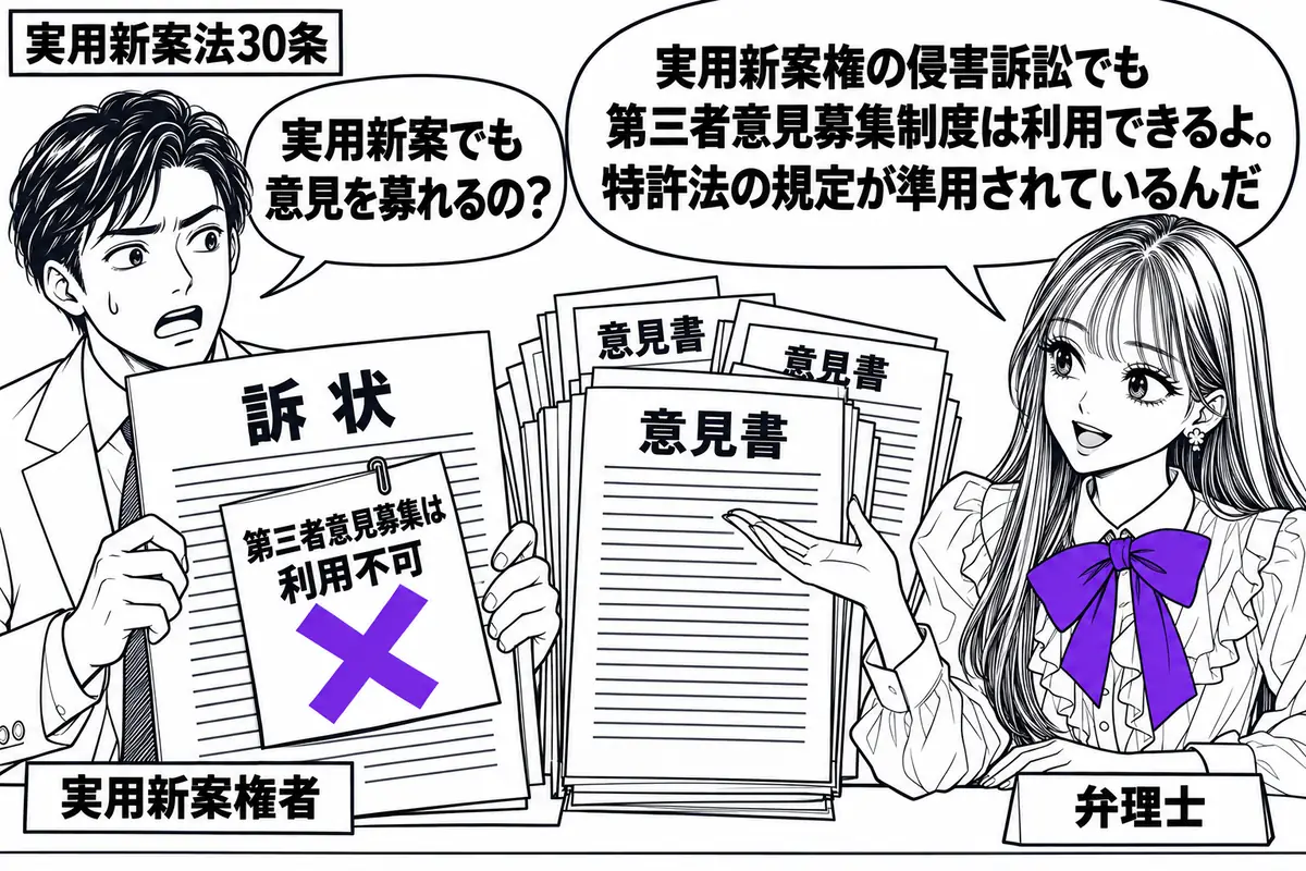 先生が右の相談机に座る弁理士役(札「弁理士」)。左に訴状を持った男性(札「実用新案権者」)、中央に第三者から届いた意見書の束。訴状に貼った「第三者意見募集は利用不可」の付箋に大きなヴァイオレットの×印。先生は意見書の束を手で示している。先生
