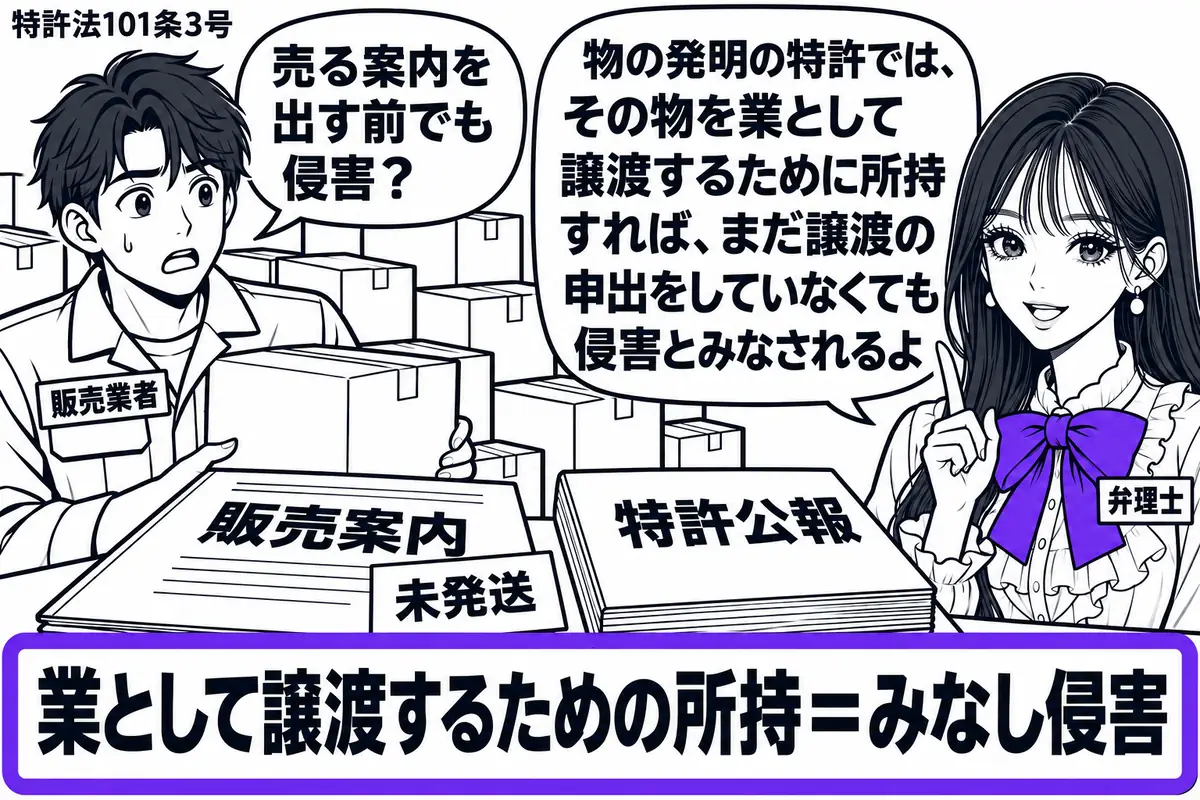 先生が弁理士役(札「弁理士」)で右。左の業者(札「販売業者」)が倉庫で特許製品の箱を抱え、机には未発送の販売案内と特許公報。積まれた箱の手前に「業として譲渡するための所持=みなし侵害」の札を置き、ヴァイオレットの枠で囲む。先生の吹き出し「物