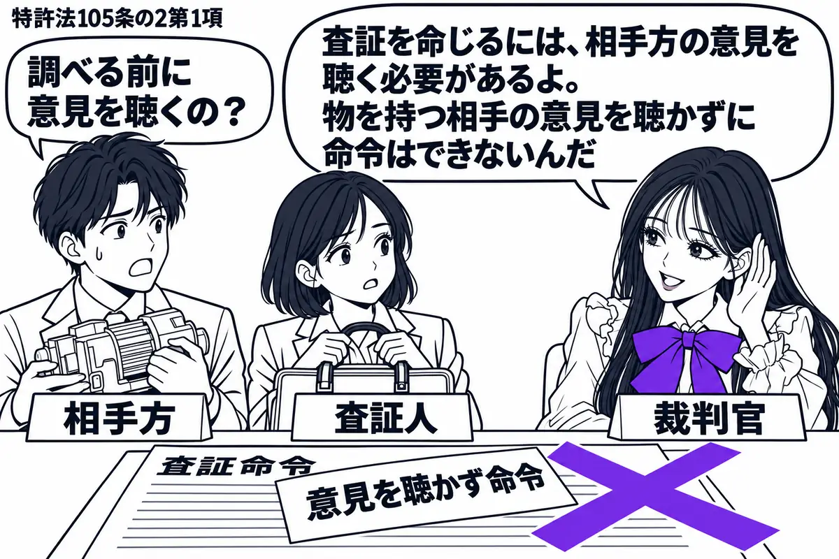 先生が右の法廷席に座る裁判官役(札「裁判官」)。左に機械の模型を抱える男性(札「相手方」)、中央に調査用の鞄を持つ女性(札「査証人」)。机の「査証命令」の書類にある「意見を聴かず命令」の付箋に大きなヴァイオレットの×印。先生は相手方へ耳を傾