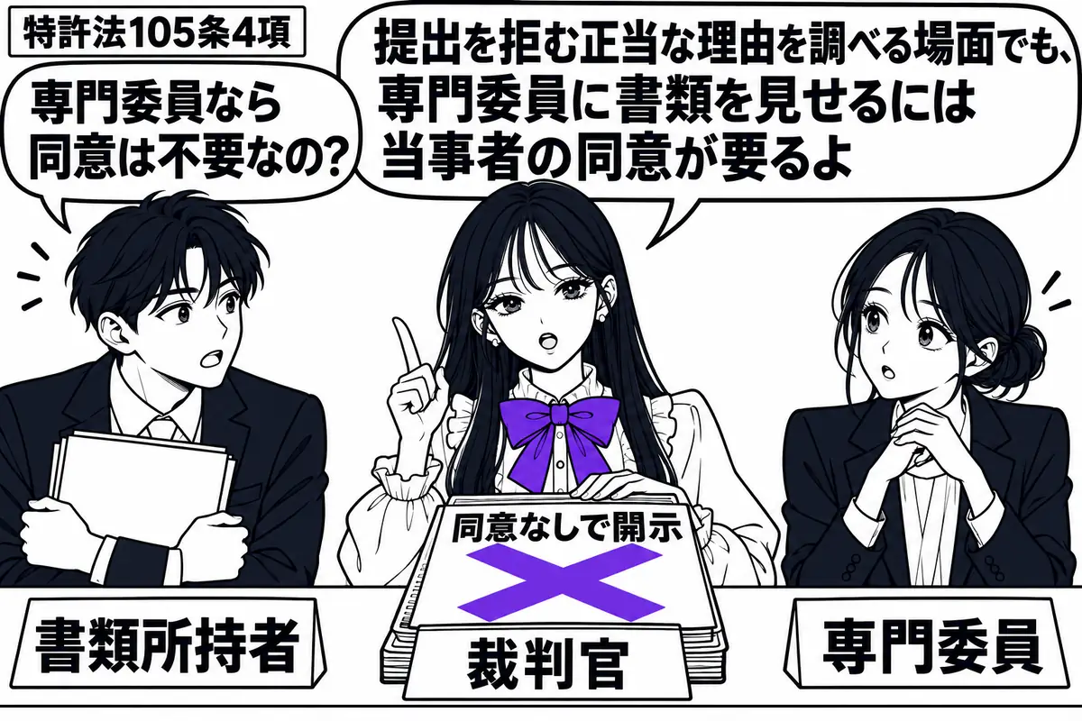 先生が中央の法廷机に座る裁判官役(札「裁判官」)。左に書類を抱える男性(札「書類所持者」)、右に説明を待つ女性(札「専門委員」)。机の書類に貼った「同意なしで開示」の付箋に大きなヴァイオレットの×印。先生は閉じた書類に手を置いている。先生の
