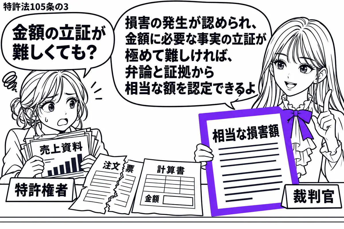 先生が右の法廷席に座る裁判官役(札「裁判官」)。左に売上資料を抱えて困る女性(札「特許権者」)。机には損害の発生を示す破れた注文票と、細かな金額が埋まらない計算書。先生の手元の「相当な損害額」の書類をヴァイオレットの枠で囲む。先生の吹き出し