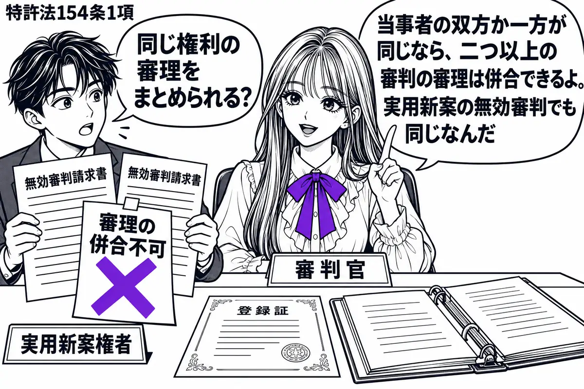 先生が中央の審判机に座る審判官役(札「審判官」)。左に二通の無効審判請求書を持つ男性(札「実用新案権者」)。机には一枚の登録証と、二通を一緒に収める開いたファイル。請求書に貼った「審理の併合不可」の付箋に大きなヴァイオレットの×印。先生の吹