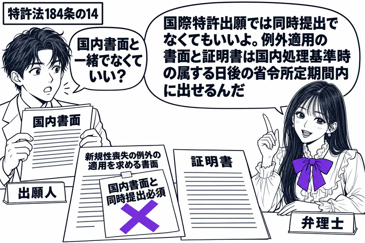 先生が右の相談机に座る弁理士役（札「弁理士」）。左に国際出願の国内書面を持つ男性（札「出願人」）。机には新規性喪失の例外の適用を求める書面と証明書。その書面に貼った「国内書面と同時提出必須」の付箋に大きなヴァイオレットの×印。先生の吹き出し