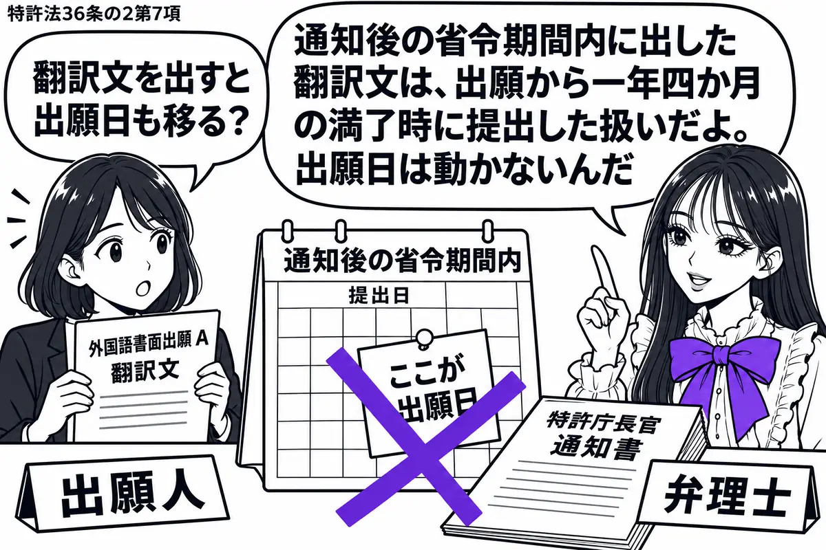 先生が右の相談机にいる弁理士役(札「弁理士」)。左の女性(札「出願人」)が外国語書面出願Aの翻訳文を持ち、机には特許庁長官の通知書。通知後の省令期間内の提出日を示す暦に貼った「ここが出願日」の付箋にヴァイオレットの×印。先生の吹き出し「通知