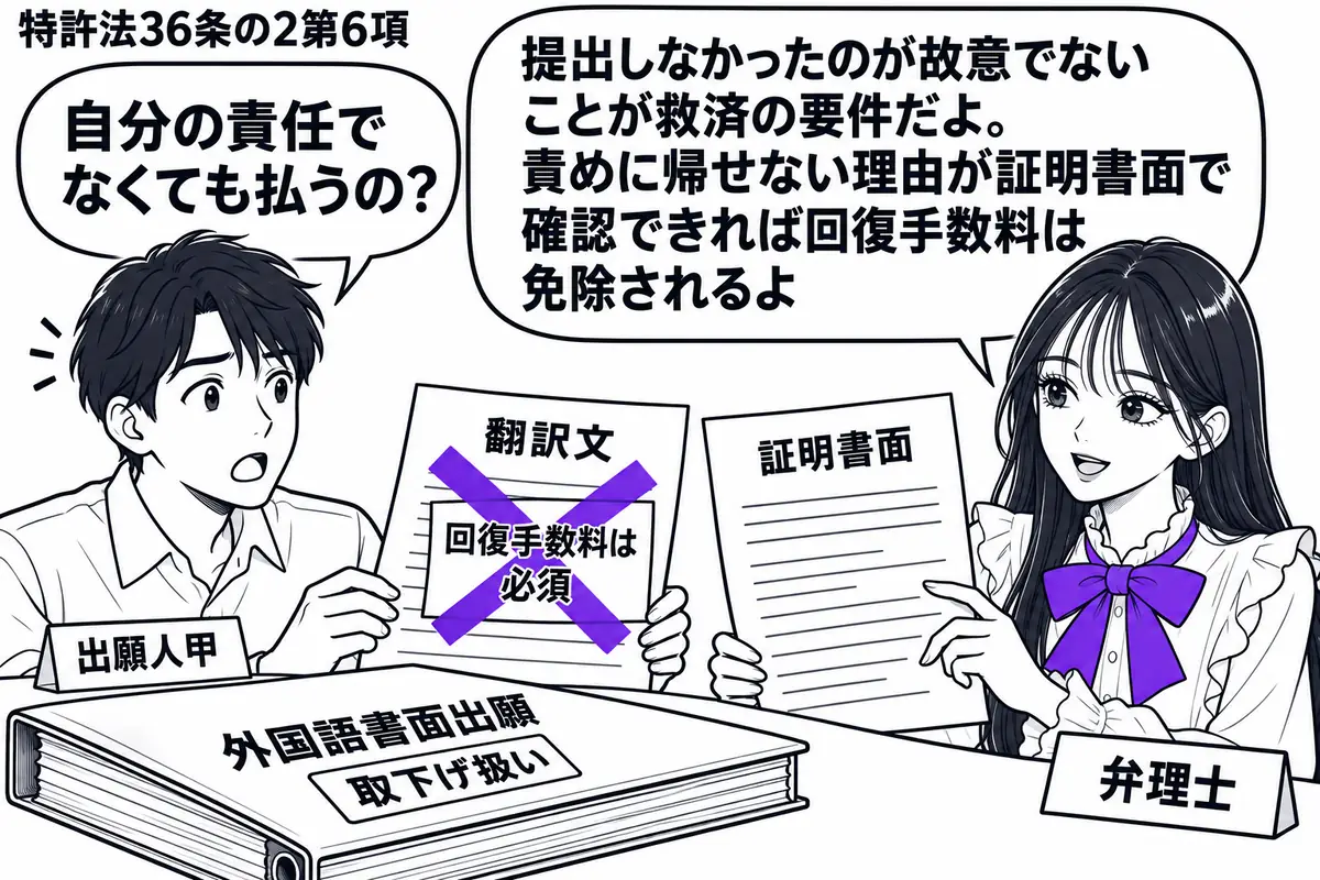 先生が右の相談机に座る弁理士役(札「弁理士」)。左に翻訳文と証明書面を持つ男性(札「出願人甲」)。机には取下げ扱いとなった外国語書面出願のファイル。翻訳文に貼った「回復手数料は必須」の付箋に大きなヴァイオレットの×印。先生は証明書面を確認し