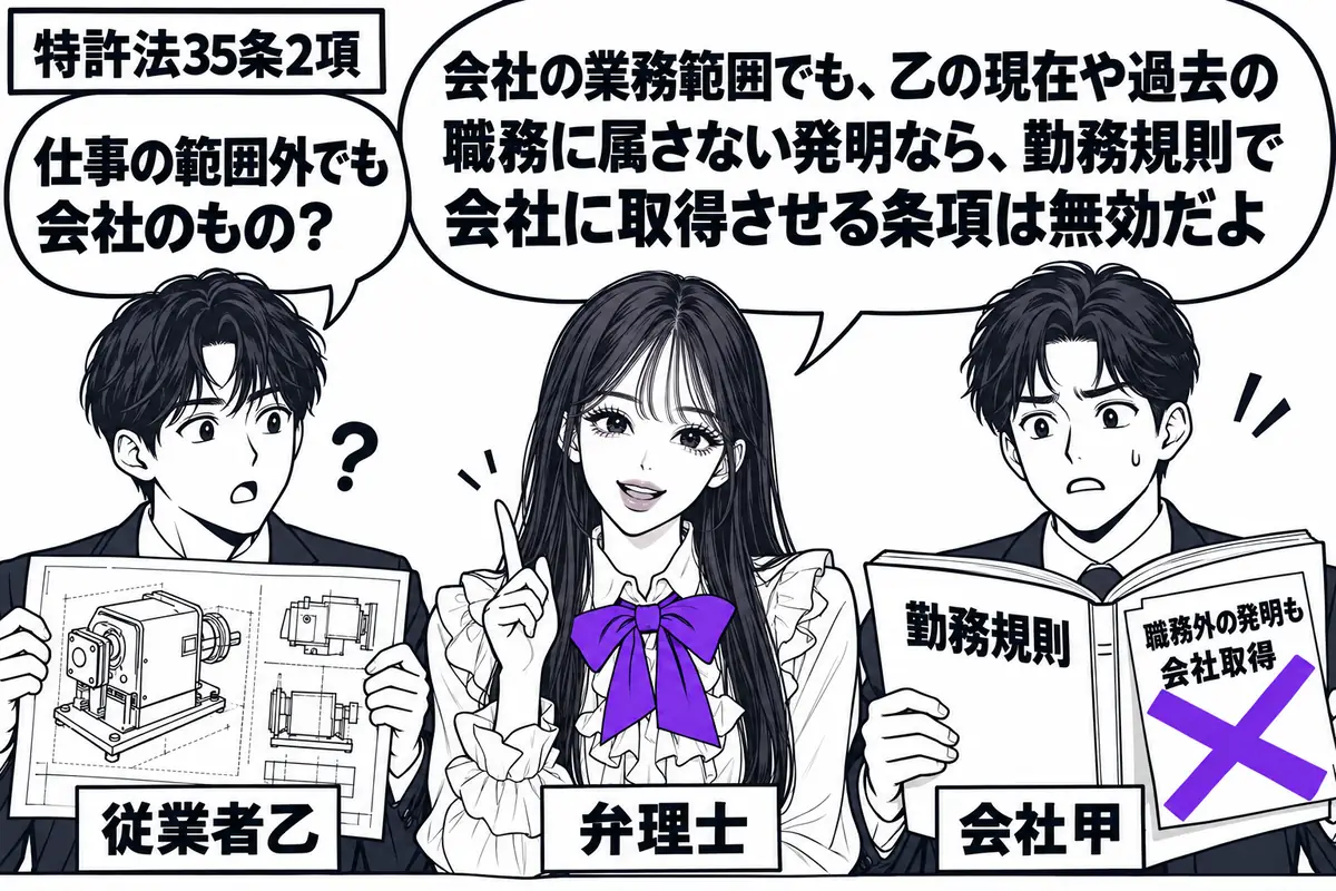 先生が弁理士役(札「弁理士」)で中央に座る。左に発明の図面を抱える男性(札「従業者乙」)、右に勤務規則を開く男性(札「会社甲」)。規則に貼った「職務外の発明も会社取得」の付箋へヴァイオレットの×印。先生の吹き出し「会社の業務範囲でも、乙の現