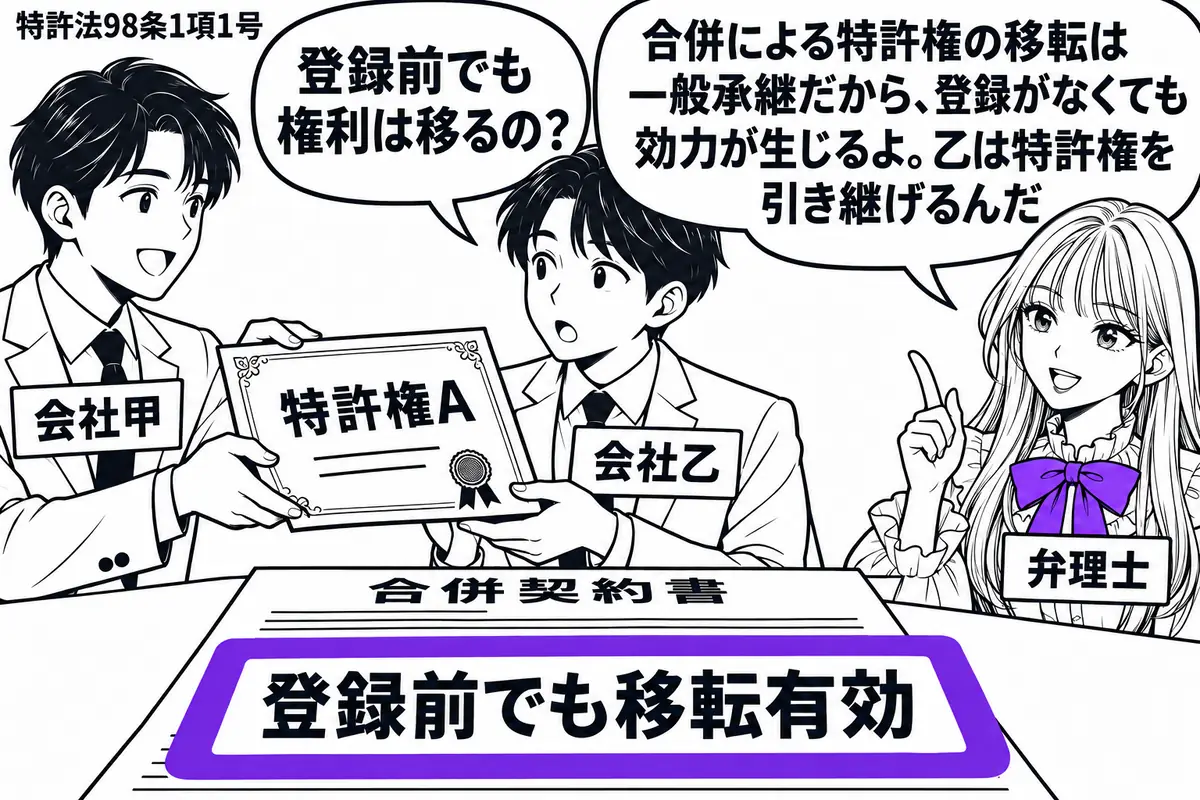 先生が弁理士役(札「弁理士」)で右に座る。左に男性二人(札「会社甲」「会社乙」)が並び、甲が乙へ「特許権A」の証書を手渡す。机の合併契約書に「登録前でも移転有効」の付箋を貼り、ヴァイオレットの枠で囲む。先生の吹き出し「合併による特許権の移転
