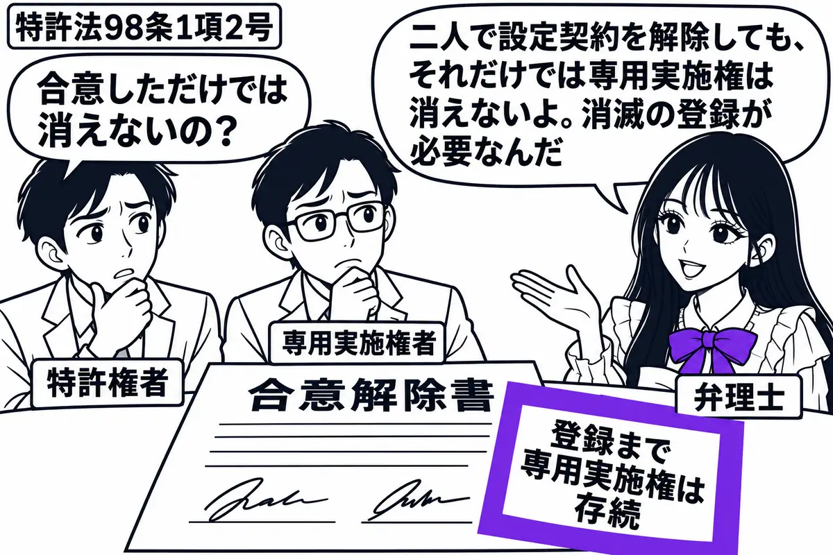先生が弁理士役(札「弁理士」)で机の右。左に特許権者と専用実施権者の二人(札「特許権者」「専用実施権者」)が並び、中央に署名済みの「合意解除書」を置いている。その付箋「登録まで専用実施権は存続」をヴァイオレットの枠で囲む。先生の吹き出し「二