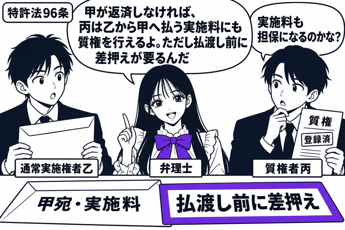 先生が弁理士役(札「弁理士」)で中央に座る。左に実施料の封筒を持つ男性(札「通常実施権者乙」)、右に質権の登録済書類を持つ男性(札「質権者丙」)。机の封筒は「甲宛・実施料」、添えた「払渡し前に差押え」の付箋をヴァイオレットの枠で囲む。先生の