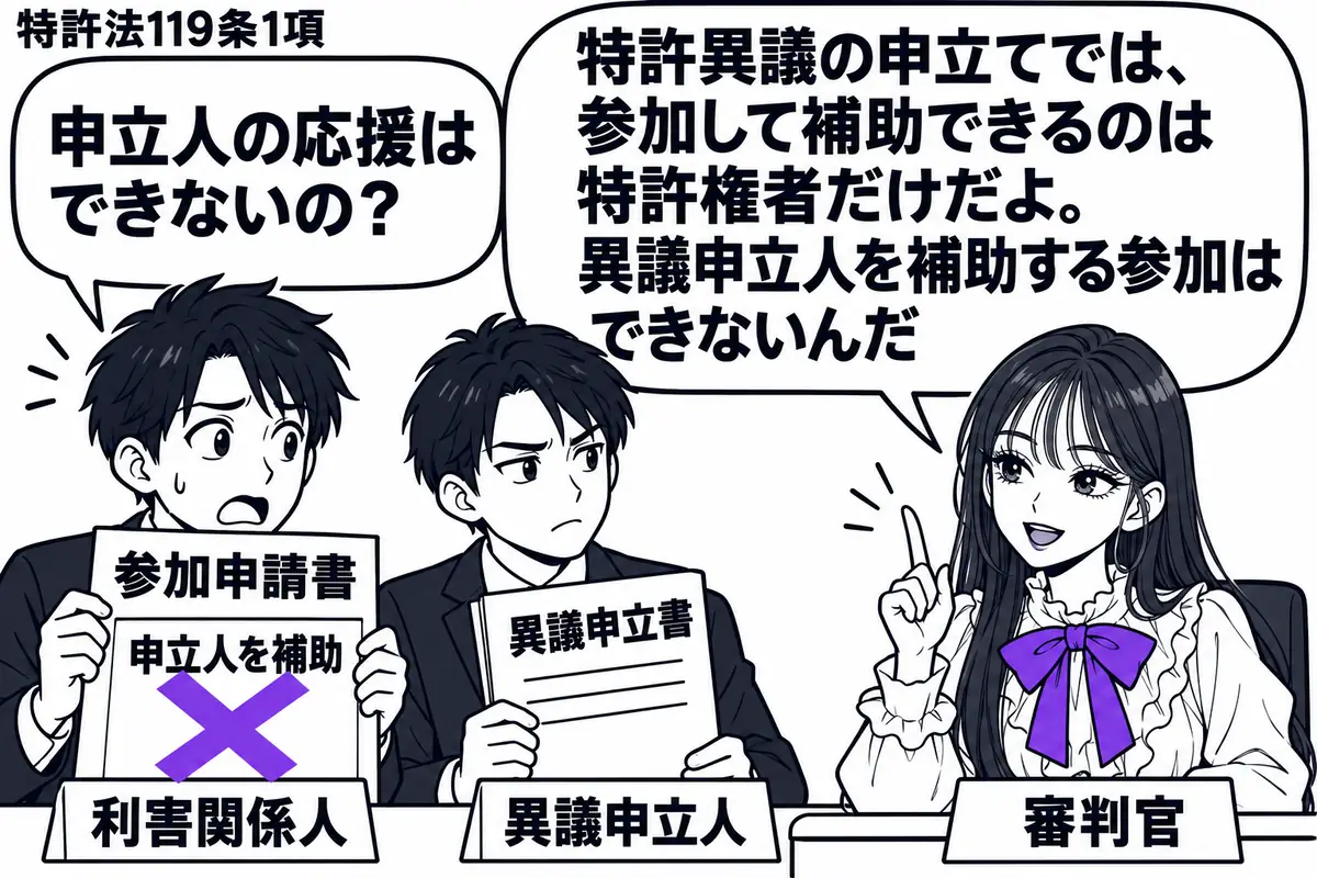 先生が審判官役(札「審判官」)で右の机に座る。左に参加申請書を持つ男性(札「利害関係人」)、隣に異議申立書を抱える男性(札「異議申立人」)。参加申請書の「申立人を補助」の記載に大きなヴァイオレットの×印。先生の吹き出し「特許異議の申立てでは