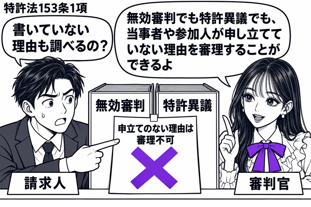 先生が審判官役(札「審判官」)で机の右。中央に「無効審判」「特許異議」の事件書類を並べ、左の男性(札「請求人」)が二冊に共通の付箋「申立てのない理由は審理不可」を示している。その付箋に大きなヴァイオレットの×印。先生の吹き出し「無効審判でも