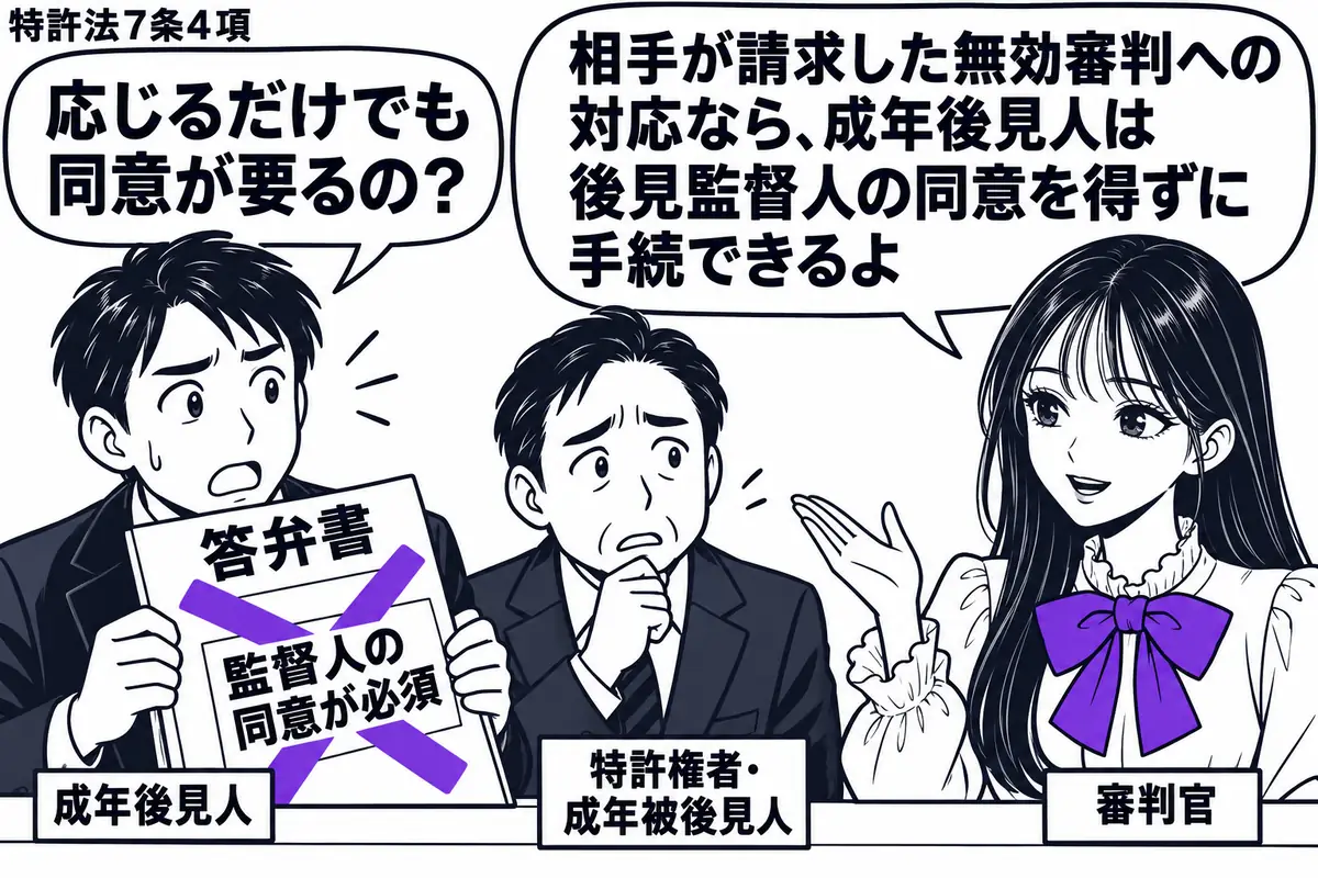 先生が机の右で審判官役(札「審判官」)。左に答弁書を持つ男性(札「成年後見人」)、隣に不安そうな本人(札「特許権者・成年被後見人」)。答弁書に貼った「監督人の同意が必須」の付箋に大きなヴァイオレットの×印。先生の吹き出し「相手が請求した無効
