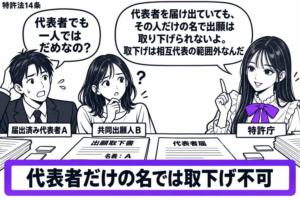 先生が窓口の右で特許庁役(札「特許庁」)。左に男性(札「届出済み代表者A」)と女性(札「共同出願人B」)。机にAだけの名を記した「出願取下書」と代表者届を置き、「代表者だけの名では取下げ不可」の付箋をヴァイオレットの枠で囲む。先生の吹き出し