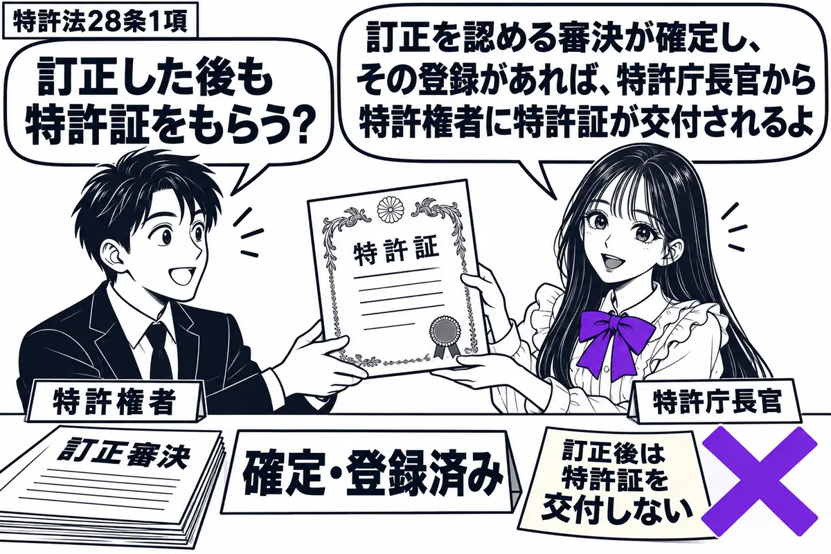 先生が窓口の右で特許庁長官役(札「特許庁長官」)。左の男性(札「特許権者」)へ「特許証」を差し出している。机に訂正審決の書類と「確定・登録済み」の札。その横の「訂正後は特許証を交付しない」の付箋にヴァイオレットの×印。先生の吹き出し「訂正を