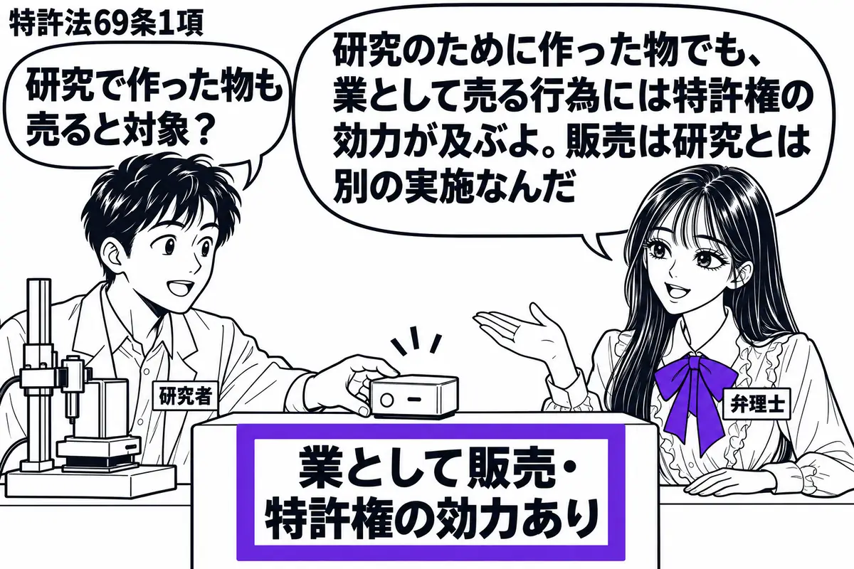 先生が弁理士役(札「弁理士」)で机の右。左の男性(札「研究者」)が試験装置の横から完成品を取り、中央の販売台へ置いている。台の付箋「業として販売・特許権の効力あり」をヴァイオレットの枠で囲む。先生の吹き出し「研究のために作った物でも、業とし