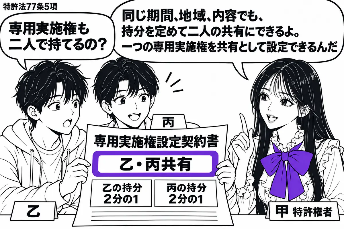 先生が特許権者役(札「甲 特許権者」)で机の右。左に二人(札「乙」「丙」)が並び、中央の一枚の「専用実施権設定契約書」を一緒に持つ。契約書の「乙・丙共有」の欄をヴァイオレットの枠で囲み、各持分の欄を添える。先生の吹き出し「同じ期間、地域、内