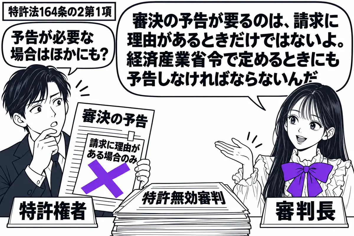 先生が審判長役（札「審判長」）で机の右。中央に審理を終えた「特許無効審判」の事件書類、左に男性（札「特許権者」）。男性が持つ「審決の予告」の紙に付いた「請求に理由がある場合のみ」の付箋にヴァイオレットの×印。先生の吹き出し「審決の予告が要る