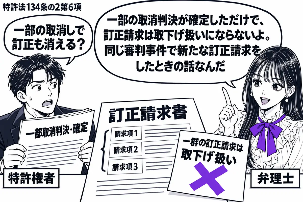 先生が弁理士役（札「弁理士」）で右。左の男性（札「特許権者」）が「一部取消判決・確定」の書類を持つ。机の「訂正請求書」には一群の請求項を括弧でまとめ、付箋「一群の訂正請求は取下げ扱い」にヴァイオレットの×印。先生の吹き出し「一部の取消判決が