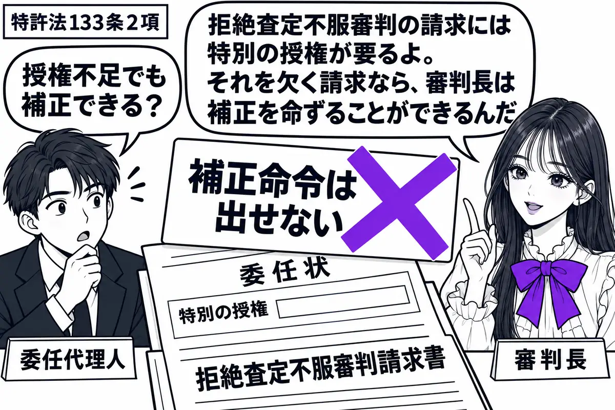 先生が右の机に座る審判長役(札「審判長」)。左に委任状を持つ男性(札「委任代理人」)。中央の「拒絶査定不服審判請求書」に特別の授権が欠けた委任状を重ね、「補正命令は出せない」の付箋にヴァイオレットの×印。先生の吹き出し「拒絶査定不服審判の請