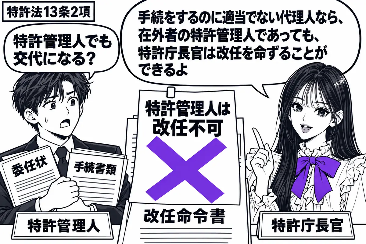 先生が右の窓口に立つ特許庁長官役(札「特許庁長官」)。左に海外からの委任状と手続書類を抱えた男性(札「特許管理人」)。中央には不適当な代理人についての「改任命令書」があり、「特許管理人は改任不可」の付箋にヴァイオレットの×印。先生の吹き出し