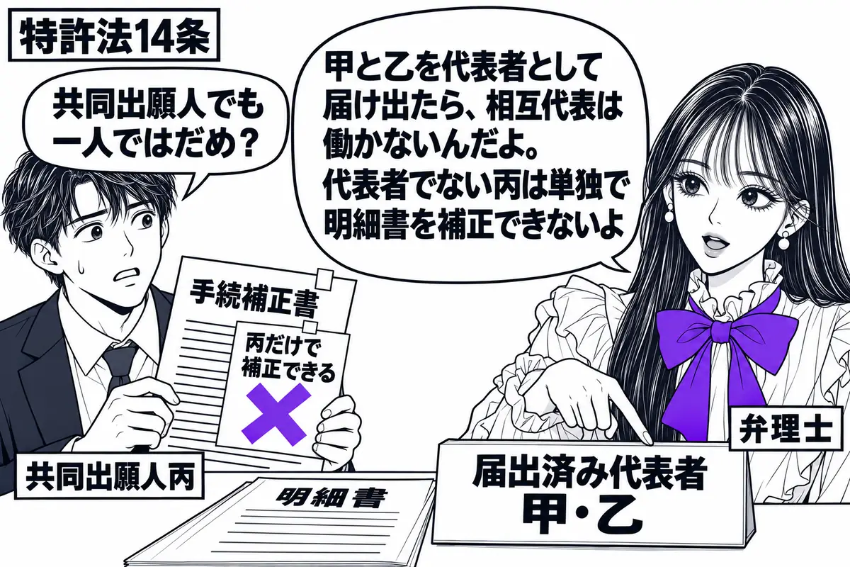 先生が弁理士役(札「弁理士」)で右側。左に手続補正書を持つ男性(札「共同出願人丙」)。机に明細書と札「届出済み代表者 甲・乙」を置き、補正書に添えた「丙だけで補正できる」の付箋にヴァイオレットの×印。先生は代表者の札を指して丙に説明する。先