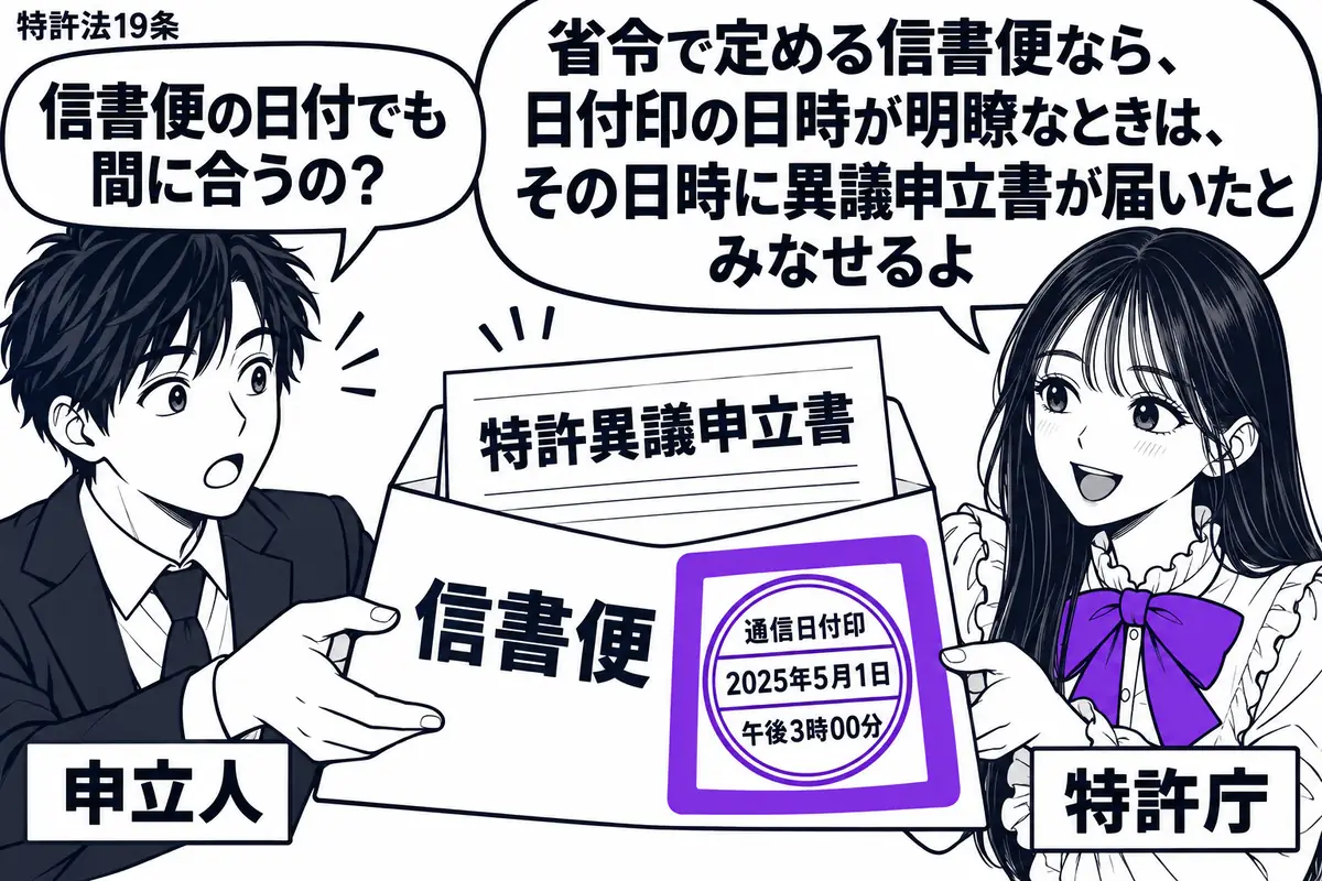 先生が右の受付役(札「特許庁」)。左の男性(札「申立人」)が「特許異議申立書」を入れた信書便の封筒を差し出す。中央に封筒を拡大し、明瞭な通信日付印をヴァイオレットの枠で囲む。先生の吹き出し「省令で定める信書便なら、日付印の日時が明瞭なときは