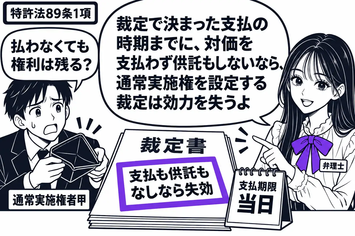 先生が弁理士役(札「弁理士」)で机の右。左に空の財布を開く男性(札「通常実施権者甲」)、机に裁定書と支払期限当日の卓上暦。裁定書の「支払も供託もなしなら失効」の付箋をヴァイオレットの枠で囲む。先生の吹き出し「裁定で決まった支払の時期までに、