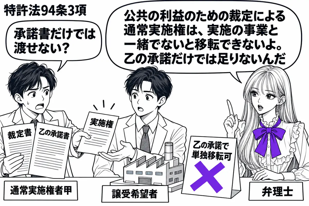 先生が机の右で弁理士役(札「弁理士」)。左の甲(札「通常実施権者甲」)が裁定書と乙の承諾書を持ち、中央の相手(札「譲受希望者」)に実施権の書類だけを渡そうとする。脇に事業を表す工場模型。「乙の承諾で単独移転可」の付箋にヴァイオレットの×印。