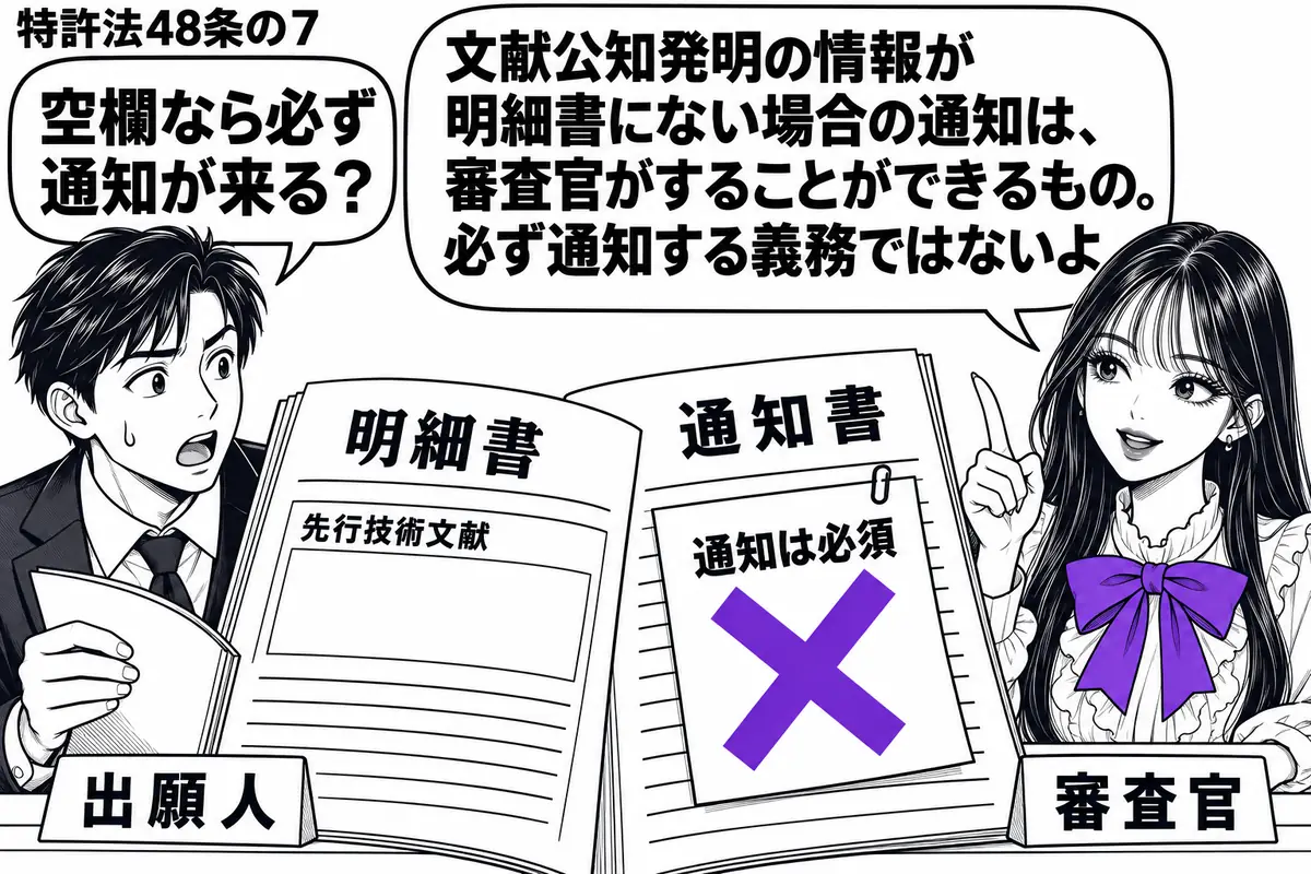 先生が審査官役(札「審査官」)で机の右。左に明細書を開く男性(札「出願人」)。明細書の先行技術文献の欄は空白で、横に通知書の用紙がある。用紙に貼った「通知は必須」の付箋に大きなヴァイオレットの×印。先生の吹き出し「文献公知発明の情報が明細書