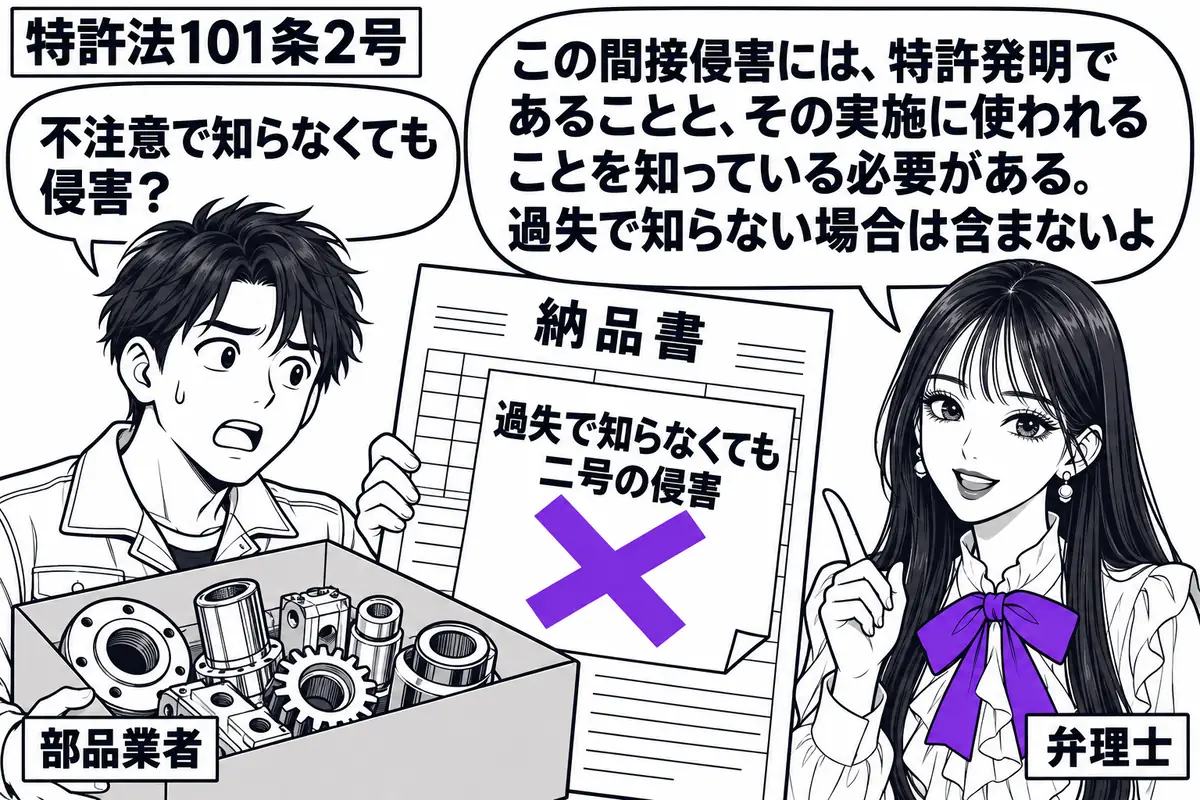 先生が弁理士役(札「弁理士」)で右。左に特殊部品の箱と納品書を持つ男性(札「部品業者」)。納品書に貼った「過失で知らなくても二号の侵害」の付箋にヴァイオレットの×印。先生の吹き出し「この間接侵害には、特許発明であることと、その実施に使われる