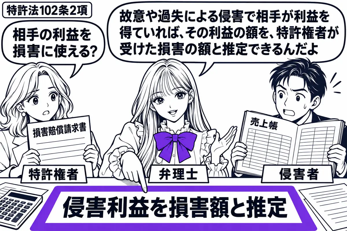 先生が弁理士役(札「弁理士」)で中央。左に損害賠償請求書を持つ女性(札「特許権者」)、右に売上帳を開く男性(札「侵害者」)。机の上の計算用紙にある「侵害利益を損害額と推定」をヴァイオレットの枠で囲む。先生の吹き出し「故意や過失による侵害で相
