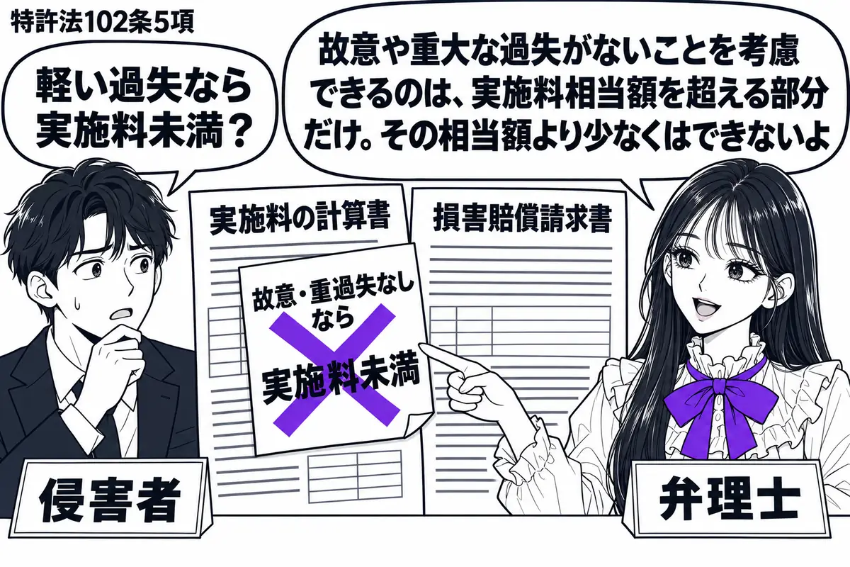 先生が弁理士役(札「弁理士」)で机の右。左に男性(札「侵害者」)、中央に実施料の計算書と損害賠償請求書。計算書に貼った「故意・重過失なしなら実施料未満」の付箋にヴァイオレットの×印。先生の吹き出し「故意や重大な過失がないことを考慮できるのは