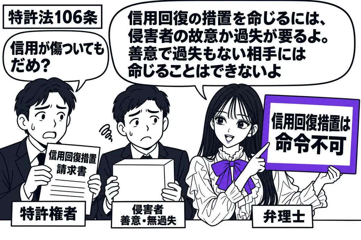 先生が机の右で弁理士役(札「弁理士」)。左に信用回復措置の請求書を持つ特許権者(札「特許権者」)、中央に侵害品を抱えた相手(札「侵害者 善意・無過失」)。先生が示す「信用回復措置は命令不可」の付箋をヴァイオレットの枠で囲む。先生の吹き出し「
