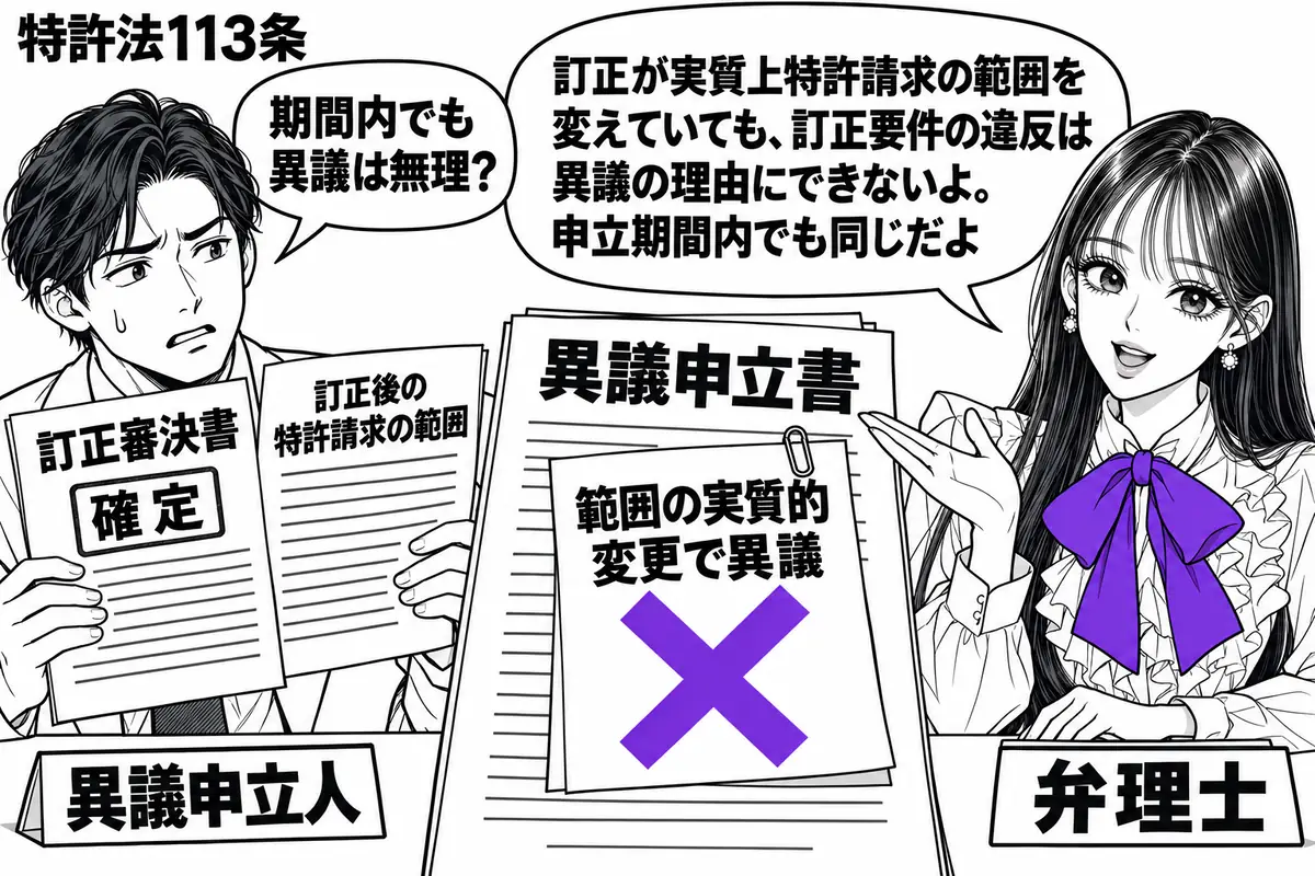先生が机の右で弁理士役(札「弁理士」)。左の申立人(札「異議申立人」)が、確定した訂正審決書と訂正後の特許請求の範囲を見比べている。中央の異議申立書に貼った「範囲の実質的変更で異議」の付箋にヴァイオレットの×印。先生の吹き出し「訂正が実質上