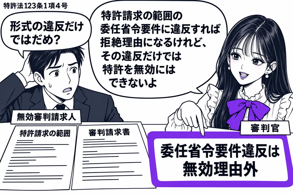 先生が机の右で審判官役(札「審判官」)。左の請求人(札「無効審判請求人」)が、記載形式に不備のある特許請求の範囲と審判請求書を広げている。先生が示す「委任省令要件違反は無効理由外」の付箋をヴァイオレットの枠で囲む。先生の吹き出し「特許請求の