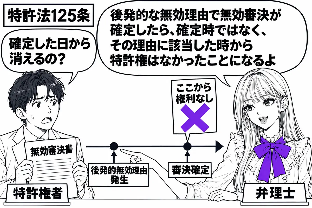 先生が机の右で弁理士役（札「弁理士」）。左の特許権者（札「特許権者」）が無効審決書を持つ。中央に「後発的無効理由発生」「審決確定」の二時点を記した年表を置き、後の時点に貼った「ここから権利なし」の付箋にヴァイオレットの×印。先生は前の時点を