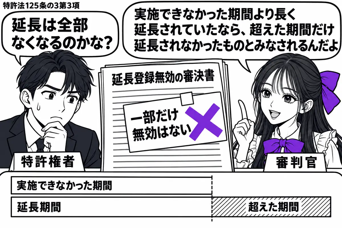 先生が右に立つ審判官役（札「審判官」）。左の特許権者（札「特許権者」）が延長登録無効の審決書を見つめる。机には実施できなかった期間より長い延長期間を示す帯図。審決書に貼った「一部だけ無効はない」の付箋にヴァイオレットの×印。先生の吹き出し「