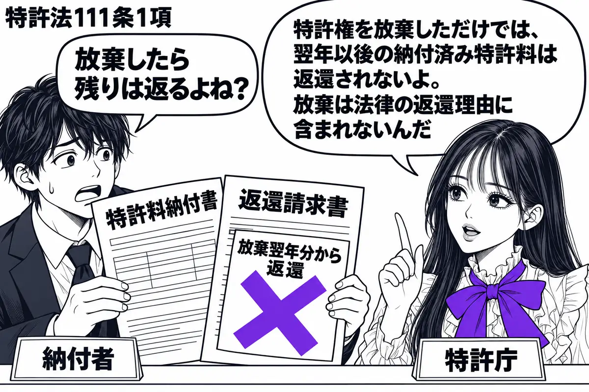 先生が窓口の右に立つ役(札「特許庁」)。左の元特許権者(札「納付者」)が、放棄した特許の特許料納付書と返還請求書を差し出す。請求書に貼った「放棄翌年分から返還」の付箋にヴァイオレットの×印。先生の吹き出し「特許権を放棄しただけでは、翌年以後