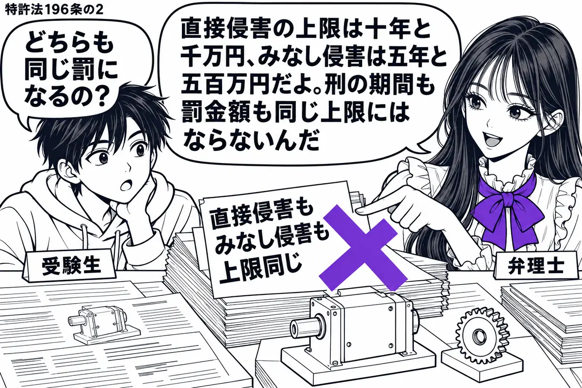 先生が机の右に立つ弁理士役（札「弁理士」）。左の受験生（札「受験生」）の前に、完成品と専用部品の模型を並べた侵害事件の資料。資料の「直接侵害もみなし侵害も上限同じ」の付箋にヴァイオレットの×印。先生の吹き出し「直接侵害の上限は十年と千万円、