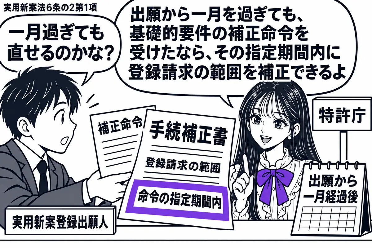 先生が右の窓口に立つ役（札「特許庁」）。左の出願人（札「実用新案登録出願人」）が補正命令と、登録請求の範囲を直す手続補正書を差し出す。机の暦は出願から一月経過後。補正書の「命令の指定期間内」をヴァイオレットの枠で囲む。先生の吹き出し「出願か