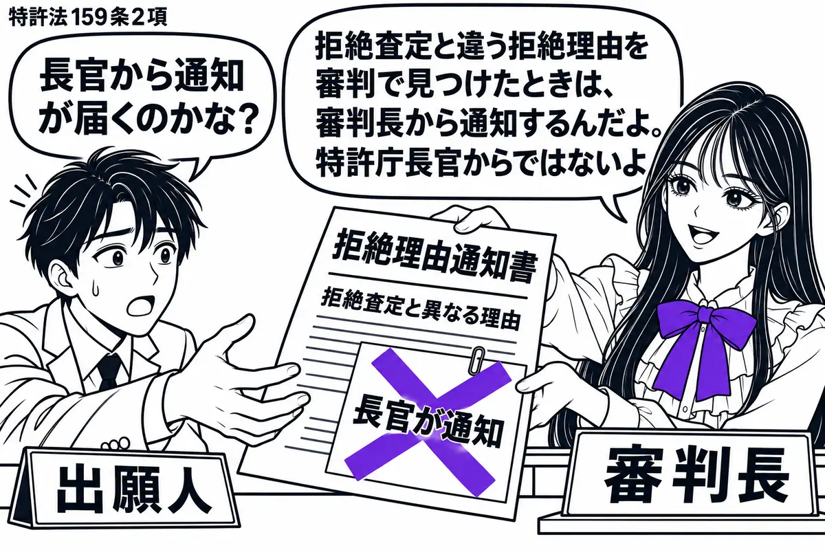 先生が右の審判席に座る役(札「審判長」)。左の男性(札「出願人」)が、拒絶査定と異なる理由の拒絶理由通知書を受け取ろうとしている。通知書に貼った「長官が通知」の付箋にヴァイオレットの×印。先生の吹き出し「拒絶査定と違う拒絶理由を審判で見つけ