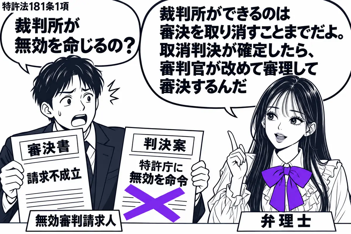 先生が右の相談席に座る役（札「弁理士」）。左の男性（札「無効審判請求人」）が、請求不成立の審決書と判決案を並べる。判決案の「特許庁に無効を命令」という記載にヴァイオレットの×印。先生の吹き出し「裁判所ができるのは審決を取り消すことまでだよ。