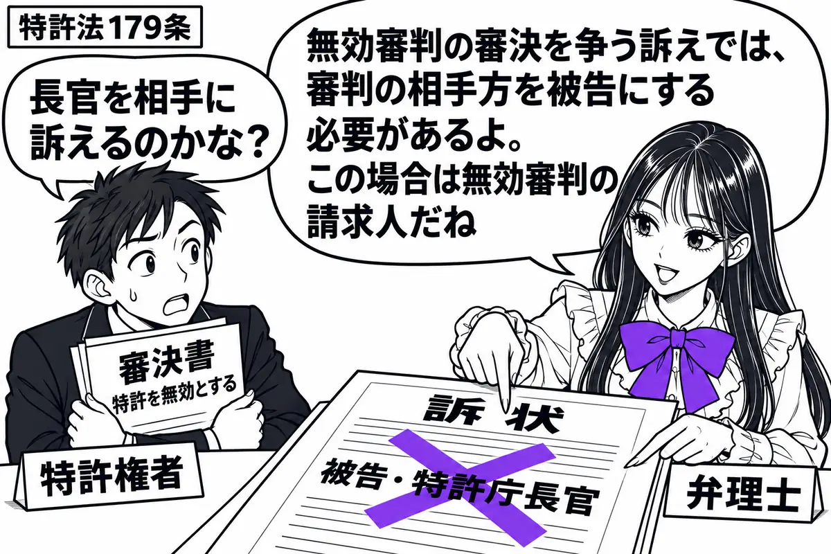 先生が右の相談机で訴状を点検する役（札「弁理士」）。左の男性（札「特許権者」）が、特許を無効とする審決書を抱えている。机の訴状の「被告・特許庁長官」という記載にヴァイオレットの×印。先生の吹き出し「無効審判の審決を争う訴えでは、審判の相手方