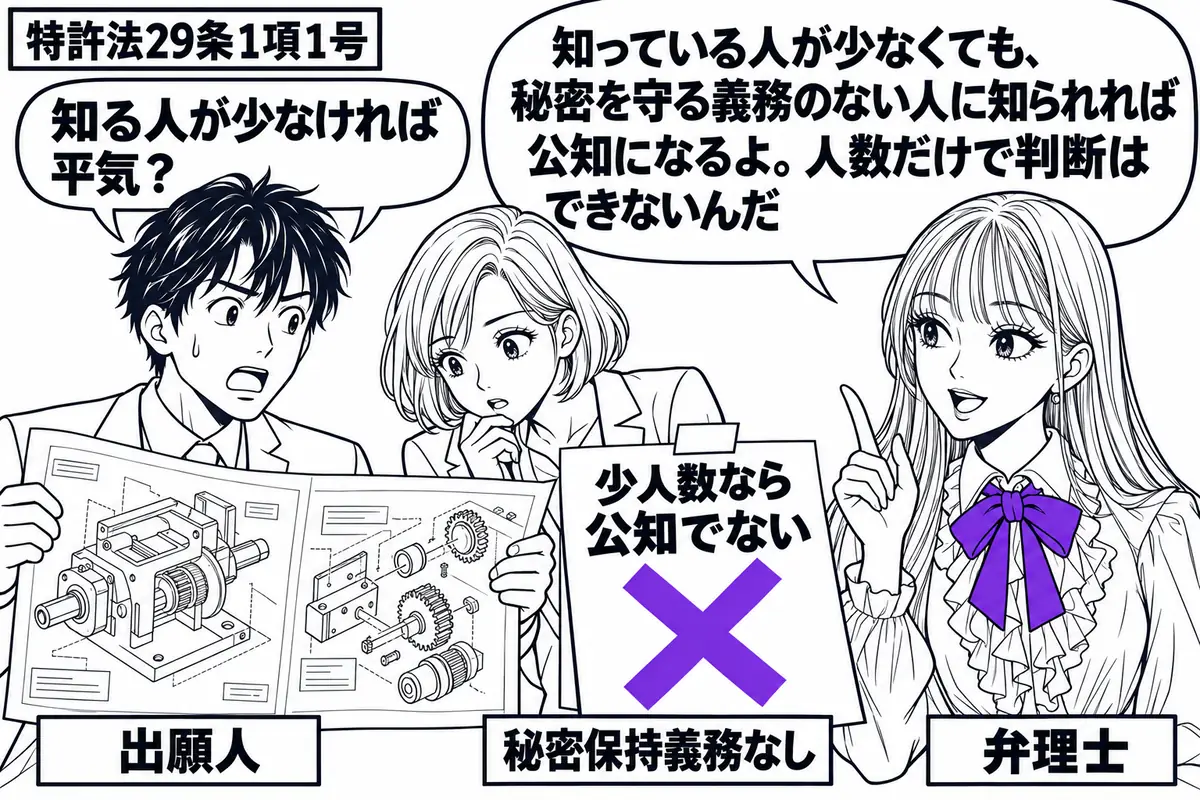 先生が右に立つ相談役(札「弁理士」)。左の男性(札「出願人」)が発明の図面を広げ、隣の女性(札「秘密保持義務なし」)がのぞき込む。図面に貼った「少人数なら公知でない」の付箋にヴァイオレットの×印。先生の吹き出し「知っている人が少なくても、秘