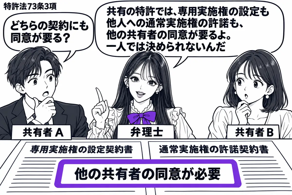 先生が中央の相談席に座る役(札「弁理士」)。左右に男性と女性(札「共有者A」「共有者B」)。机には専用実施権の設定契約書と通常実施権の許諾契約書があり、両方にまたがる「他の共有者の同意が必要」の付箋をヴァイオレットの枠で囲む。先生の吹き出し